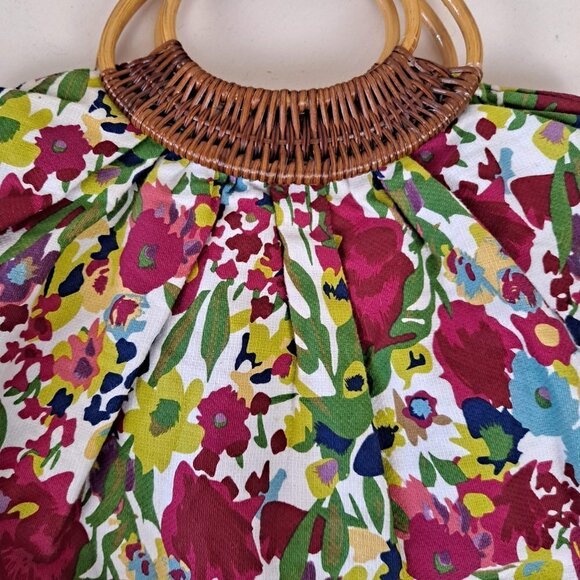 Bamboo Double Rattan Wrapped Handled Colorful Floral Print Round Cotton Bag - Picture 3 of 12